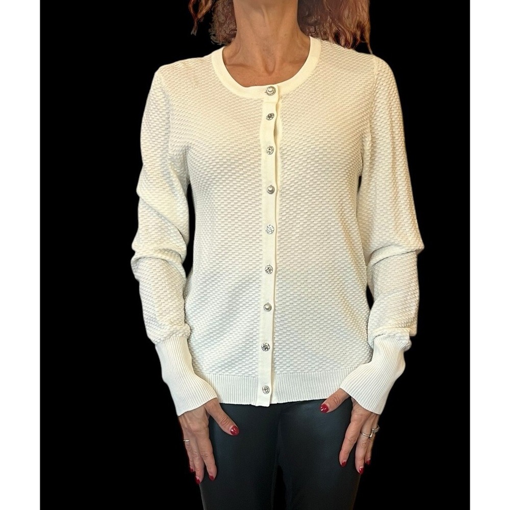 ZARA WHITE TEXTURED KNIT CARDIGAN SWEATER PEARL RHINESTONE BUTTONS 9667/010 XL